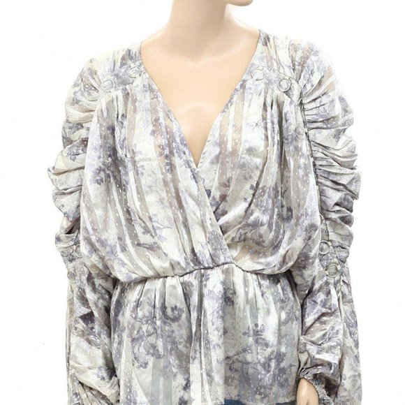 Asos Design Floral Printed Blouse Top Ruched Wrap Volume Sleeves S New - Picture 2 of 5